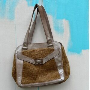 Vintage 2000s Hobo Style Bag Leather Tote Handbag 10x11 In Brown & Silver Purse